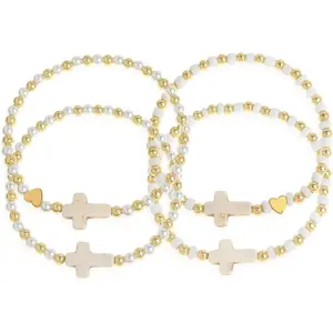 Beaded  Cross Stack Friendship Bracelets Set for Women, 4 count Boho Trendy  White Beads Elastic Stretch Stackable Bracelet Prom  .