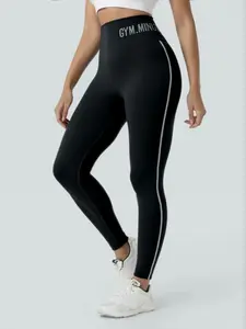 Women's High-Waisted Letter Print Seamless Yoga Pants, Tight-Fitting Nylon Fabric, Comfortable Abdominal Control, Perfect for Workout & Daily Wear