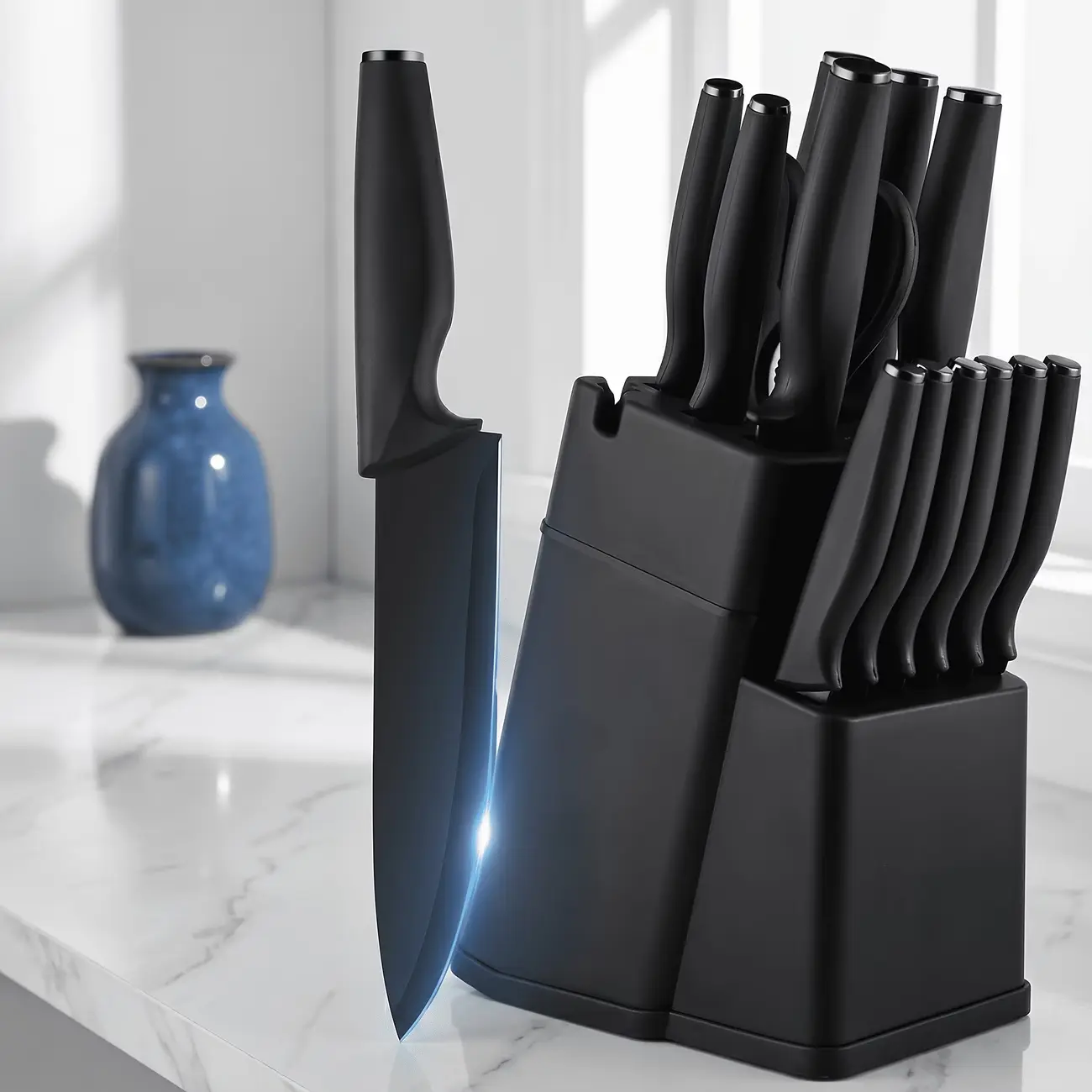 16pcs Kitchen Knife Set, Black Knives with Built-In Sharpener And Knife Block, Dishwasher Safe, Suitable for Slicing, Dicing, And Shredding Various Cooking Needs,201 stainless steel