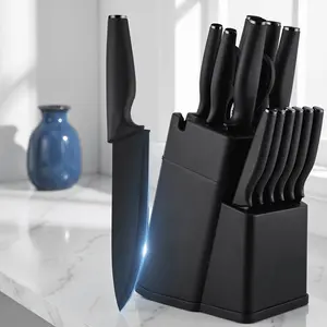16pcs Kitchen Knife Set, Black Knives with Built-In Sharpener And Knife Block, Dishwasher Safe, Suitable for Slicing, Dicing, And Shredding Various Cooking Needs,201 stainless steel