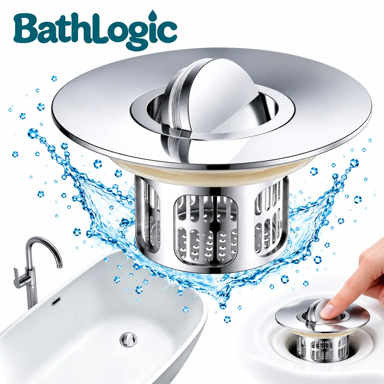 BathLogic Premium 304 Stainless Steel Bathtub Drain Stopper, Airtight Seal for Deep Baths, Flip-Cover Hair Catcher Drain Strainer, Rustproof Silver Bathroom Accessory, 304 Stainless Steel Bathtub Accessories