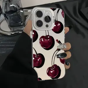 High-Gloss Cherry Pattern Phone Case for iPhone 17/16 Pro/15/14/13/12/11 Pro Max, Minimalist Fashion Style, Premium High-End Vibe, Shockproof Drop-Resistant Full-Body Protective Cover, Trendy Accessory
