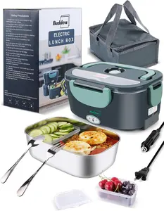 Electric Heated Lunch Box, 80W Fast Heating, 1.5L Food-Grade 304 Stainless Steel, 12V/24V/110V Portable Food Warmer for Car Truck Office Adults, Lonchera Electrica Portatil (Green)