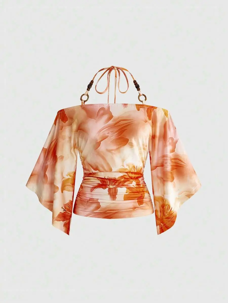 Swim Vcay Hippie Vintage Loose Off Shoulder Wooden Bead Decor Batwing Sleeve Women T-Shirt