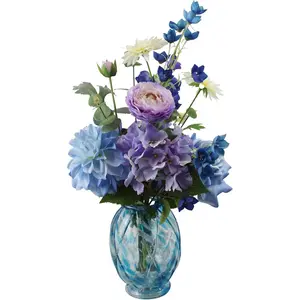 Verdeora Artificial Flower Arrangement with Blue Art Glass Vase, Plastic Flowers, Blue and Purple, 20in Height, Home Decor