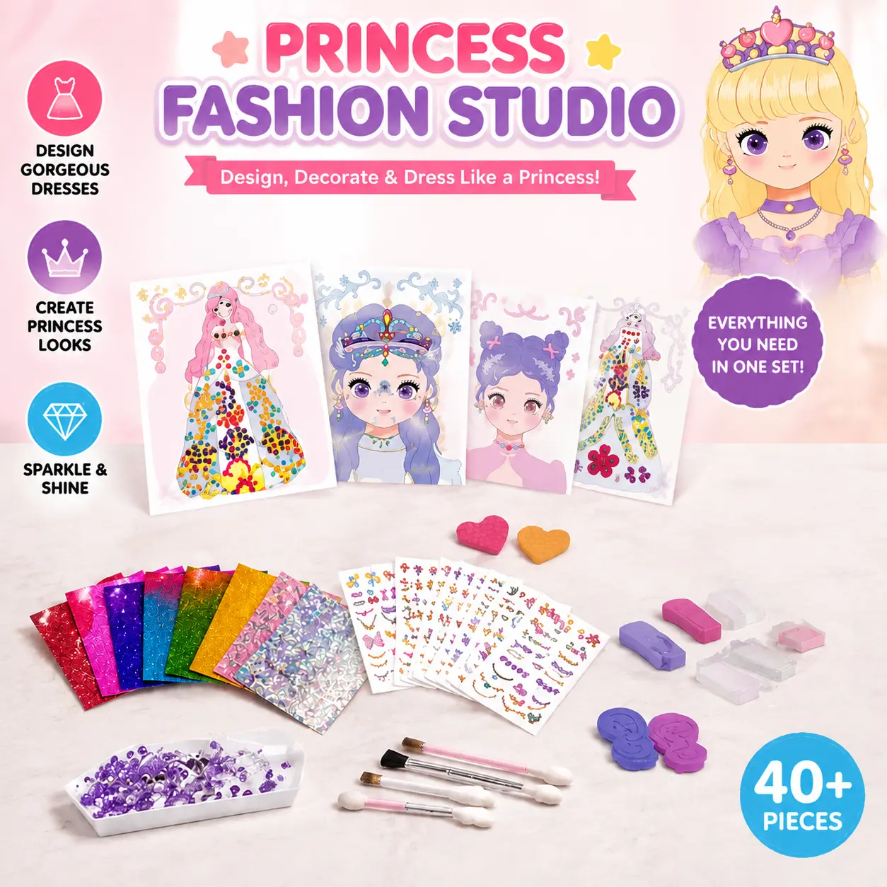 4-in-1 Princess Diamond Art Painting Makeup Kit, Foil Art DIY Craft for Girls, 25 Paper Dolls with Glowing Stickers, Pink Easter Gift for Ages 4-8