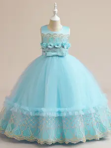 4-14Y Sky Blue Kids Clothes Embroidery Bow Flower Girls Princess Long Ball Gown Frock Children Formal Evening Party Banquet Pageant Prom Host Cocktail Dress