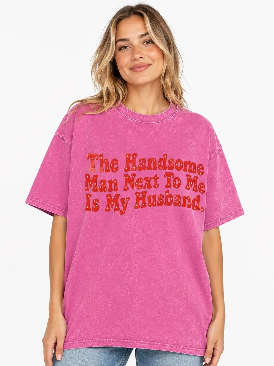 Women's Loose Short-Sleeve Vintage Washed Graphic T-Shirt, Funny Couple Matching Top, Anniversary Gift Outfit for Husband and Wife Family Party, Tops, Casual, All Seasons, Cotton, Shortsleeve, Baggy, Twist, Matching Couple, Tshirt, Tee