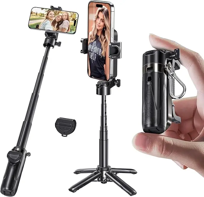 Portable Folding Bluetooth Selfie Stick Tripod with Silicone Grip, Lanyard, Wireless Detachable Remote Control, Cellphone Clip, Compact Retractable Pocket Size for Mobile Devices, iPhone, Android, Camera & DSLR Live Streaming