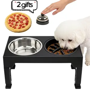 Adjustable Elevated Dog Bowl Stand || Neck Protection for Different Size Dogs with 5 Height Adjustable from 3.2'' to 12.2'' || 2 Stainless Steel Bows & 1 Slow Feeder