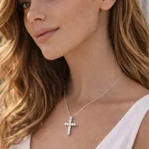 White gold 1 Carat Lab Diamond Cross Pendant Set in 14k White Gold - Elegant Jewelry for Women