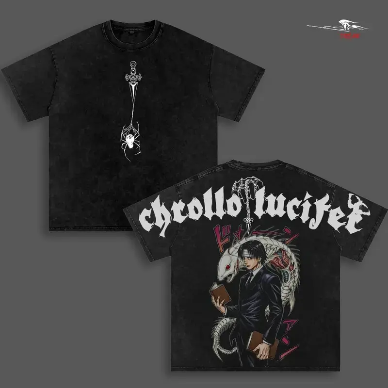 Chrollo lucilfer Hunter x Hunter Anime Double Printed Vintage Washed Tee Unisex Oversize Heavyweight Cotton T-shirt for Anime Fans and Lovers
