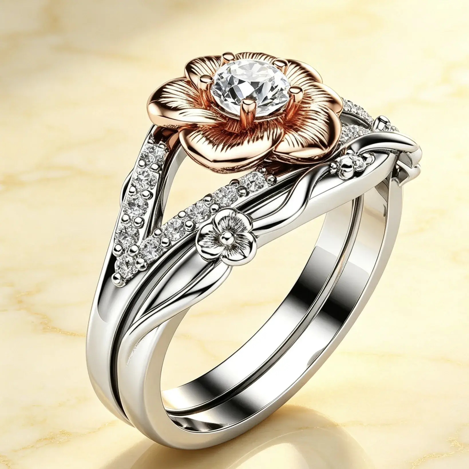 Two Tone Flower Ring for Women, Vintage Twisted Leaf Stackable Wedding Band, Engagement Ring, Elegant Anniversary Jewelry Gift