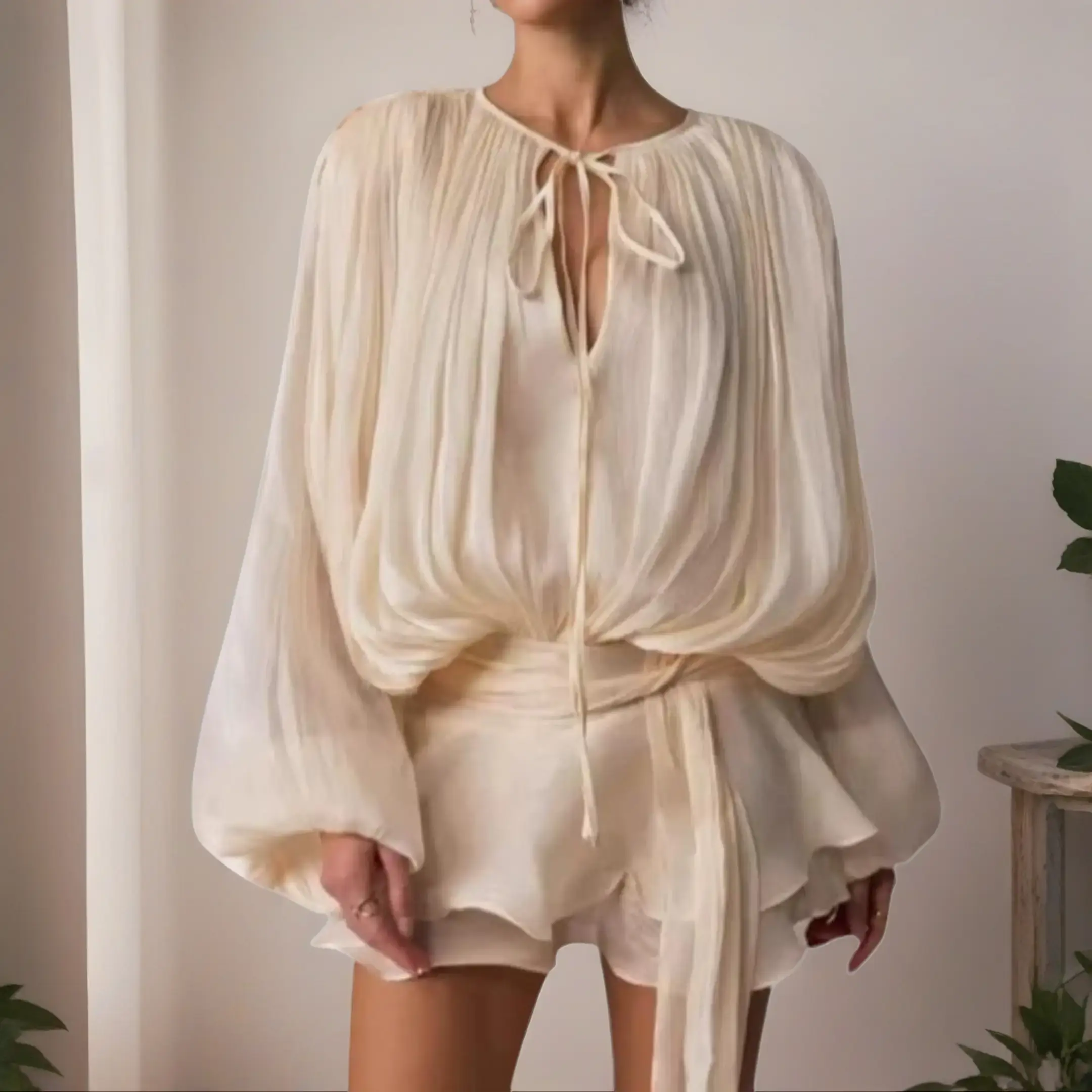 Women's 2026 Trend French Chic Pleated Mini Dress Set - Sparkly Sequin Fabric, Breathable, Elegant Long-Sleeve V-Neck Ruffle Aesthetic, Soft Girl Summer Party Outfit, Elegance