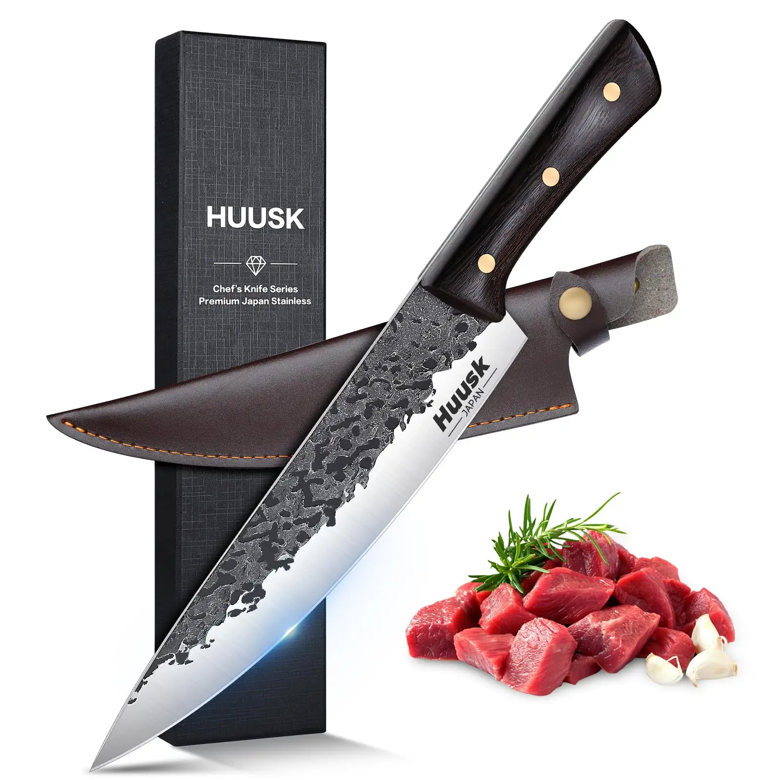 Huusk 8-Inch Chef Knife: Professional Hand Forged, High Carbon Steel Blade. Perfect for Meat, Sushi & Veggies – Perfect Father's Day Gift!