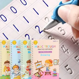 4 Pc Magic Grooved Practice Copybook,Reusable Grooved Writing Books,Handwriting Book Practice for Kids,Grooved Kids Writing Preschool for Kids Ages 3-8 Calligraphy (4pc+Pen)