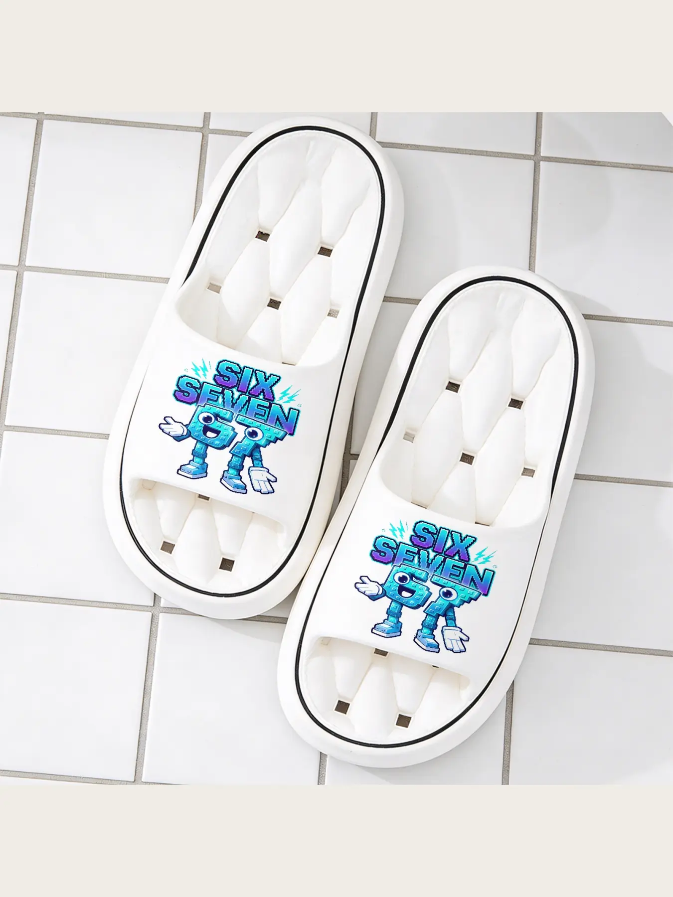 Retro Pixel Six Seven Graphic Slides for Men Women, Casual Non-Slip Cushioned House Slippers, Comfortable Lightweight Open Toe Indoor Outdoor Shower Slippers, Bold Game Style Character Footwear