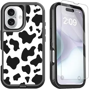 Compatible for iPhone 16 Case with Screen Protector for Women Girls Cute Luxury Cow Print Design 3-Layer Heavy Duty Shockproof Protective Phone Case for iPhone 16 6.1inch