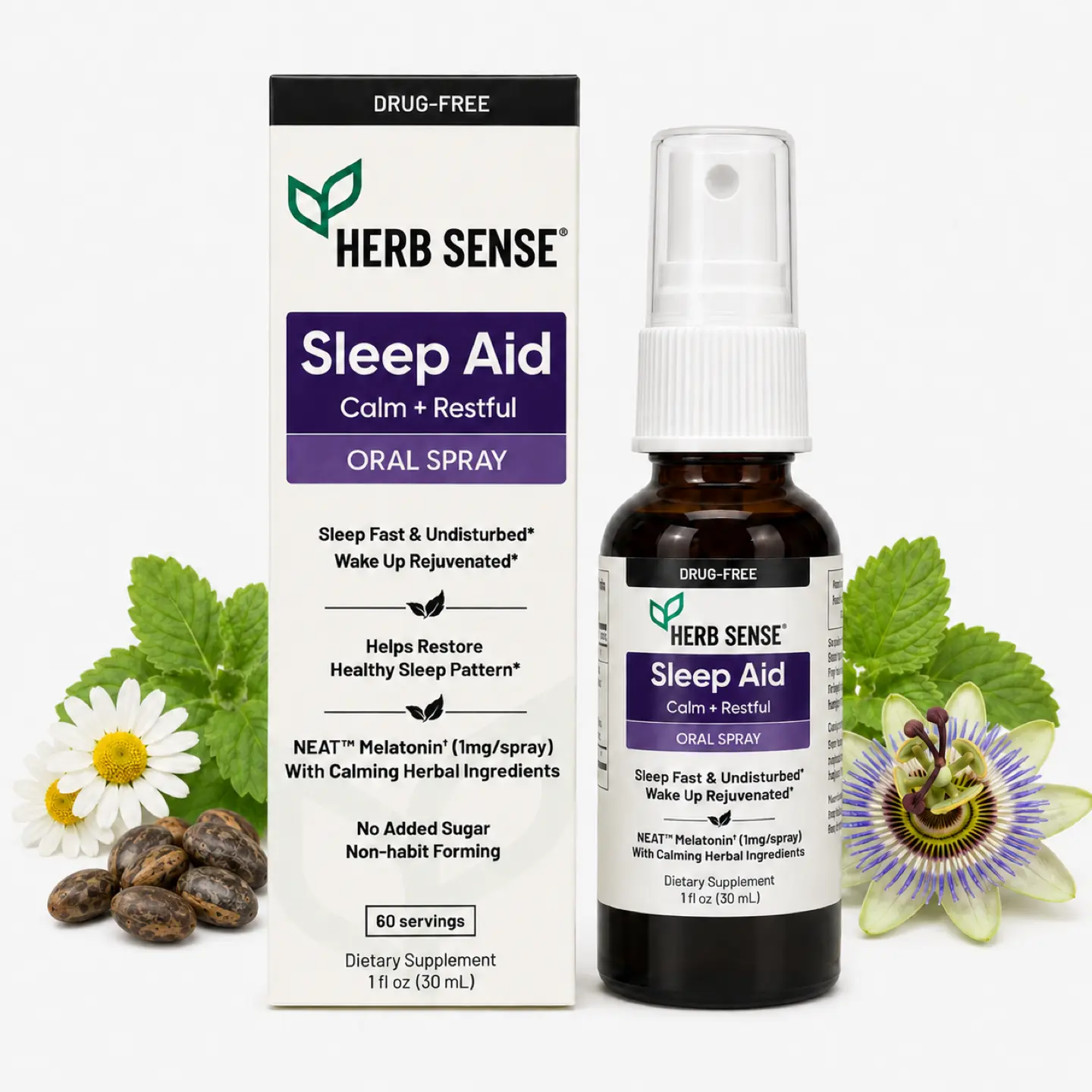 Herb Sense Sleep Oral Spray - 1 fl oz Liquid, 5-HTP, 50% Herbal Blend (Chamomile, Lemon Balm, Citrus), Mucosal Absorption, 60 Servings, Vegan, Gluten & No Added Sugar Free, Sensitive Stomach-Friendly, Drug-Free Calm Sleep Solution