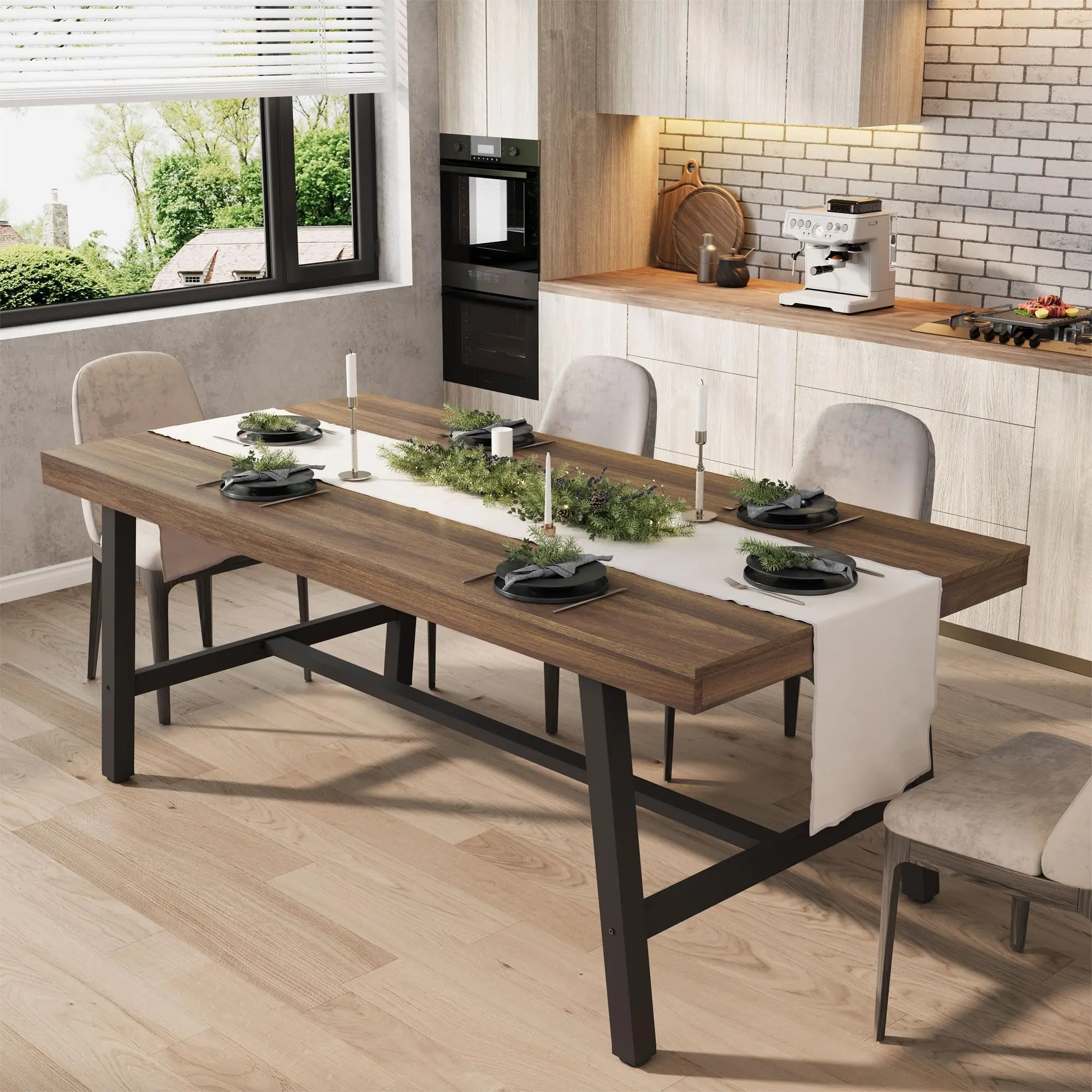 Garvee 70.87 Industrial Style Dining Table for 6-8 People, Rustic Brown Wooden Kitchen Table with Durable Metal Frame, Perfect for Spacious Dining Areas and Modern Rustic Interiors