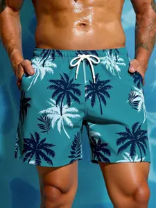 Men's Tropical Style Swim Trunks, Quick-Dry Comfortable Palm Tree Print, Fashion Beach Vacation Wear, Drawstring Waist, Short Length, Swimming Trunks