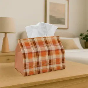 1PC  Tissue Box with Checkered Lid - Orange and Brown Plaid Design, Durable Fabric Multi-Functional Decorative Storage for Kitchen, Living Room, Tissue Dispenser for Home & Car Decor , Compact, Lightweight & Stylish for Everyday Use
