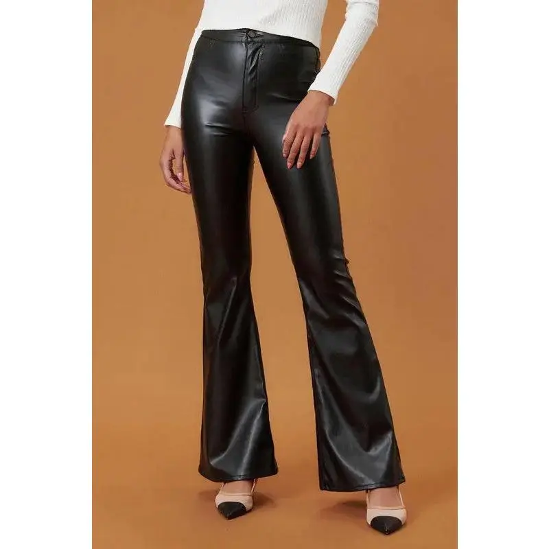 HIGH WAISTED VEGAN LEATHER FLARE BELL BOTTOM PANTS