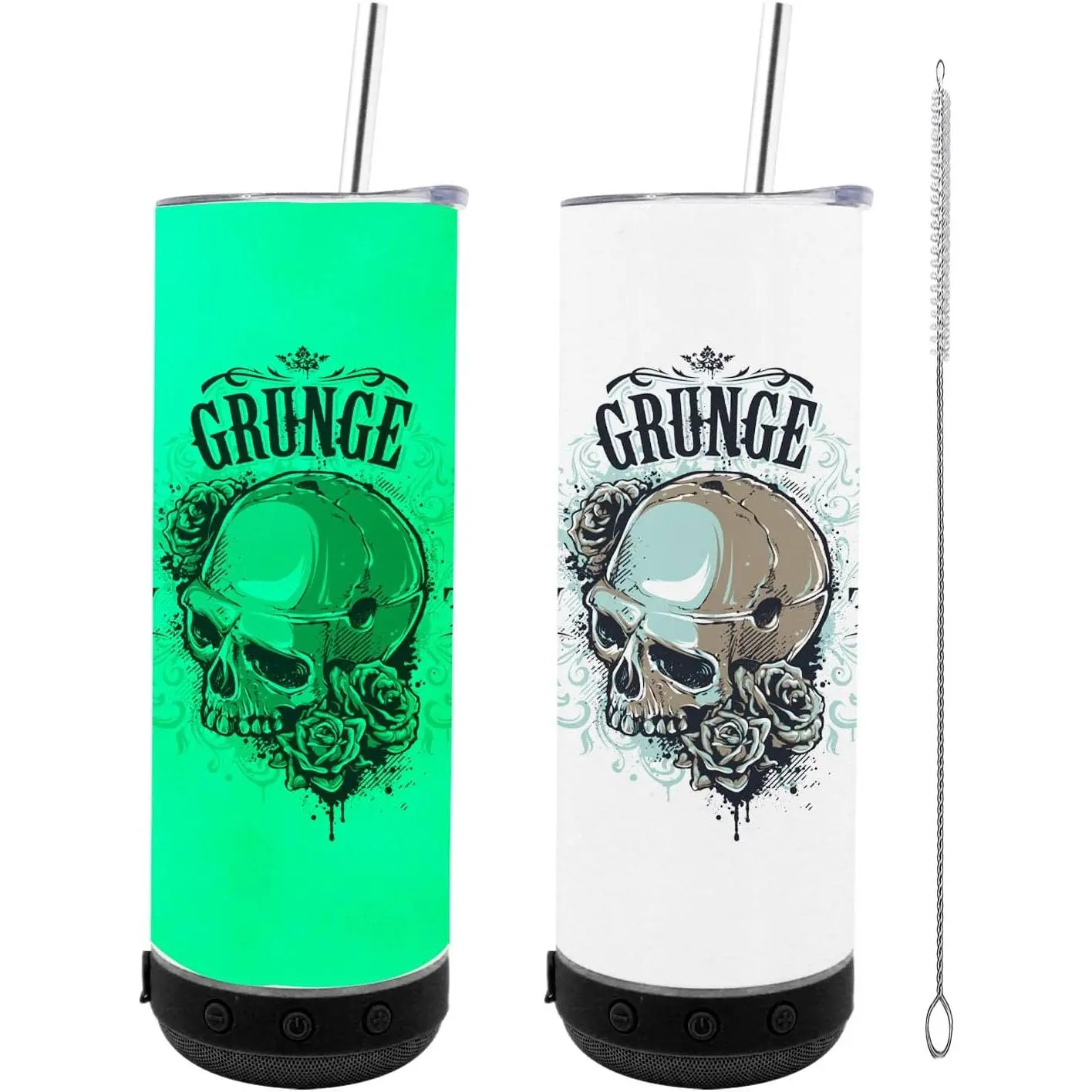 ZREGGUR 20oz Thermal Bluetooth Minimalist Insulated Stainless Steel Sublimation Straight Music Speaker Tumbler Blank - Black (1p), Glow Green Accent, Detachable Lid, Straw, Straw Brush, Portable Lightweight Personalised Coffee Flask, Customizable Patterns