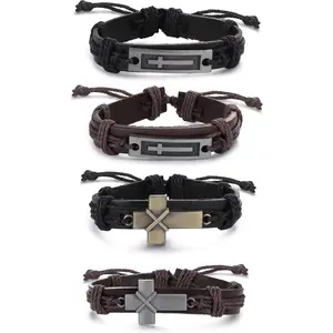 YADOCA 4 Pcs Cross Leather Bracelet for Men Religious Cross Tag Bangle Leather Wristband Adjustable Drawstring Bracelet Set