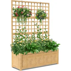 MOPHOTO Raised Garden Bed with Trellis  & Hanging Roof Wooden，Side Trellis Above Ground Elevated Garden Bed Outdoor Planter for Climbing Plants Vines Patio Decor