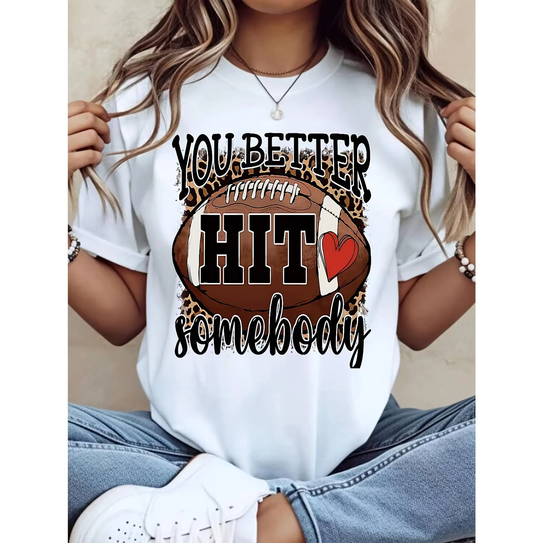 Women's Game Day Cotton Tee - Casual Leopard Print Short-Sleeve Oversized T-Shirt, Breathable Simple Style Women's Clothes for Fall, Gym