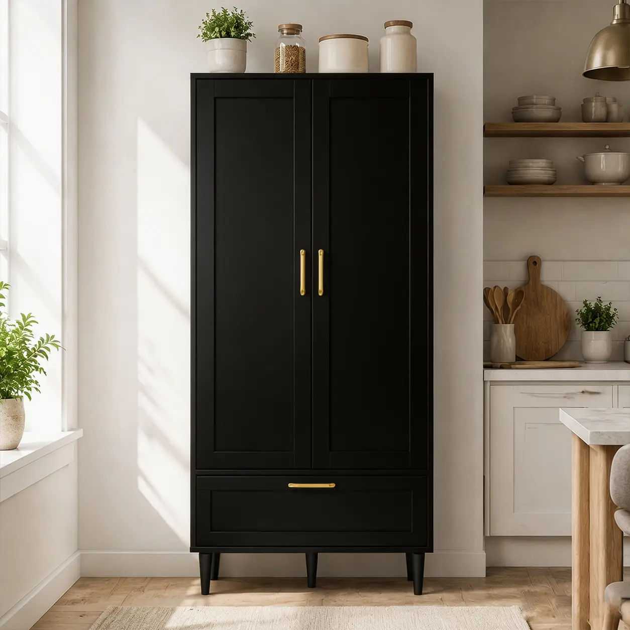 Wooden Freestanding Storage Cabinet with Gold Handles - 2-Door Tall Armoire Wardrobe with Drawer for Bedroom, Living Room