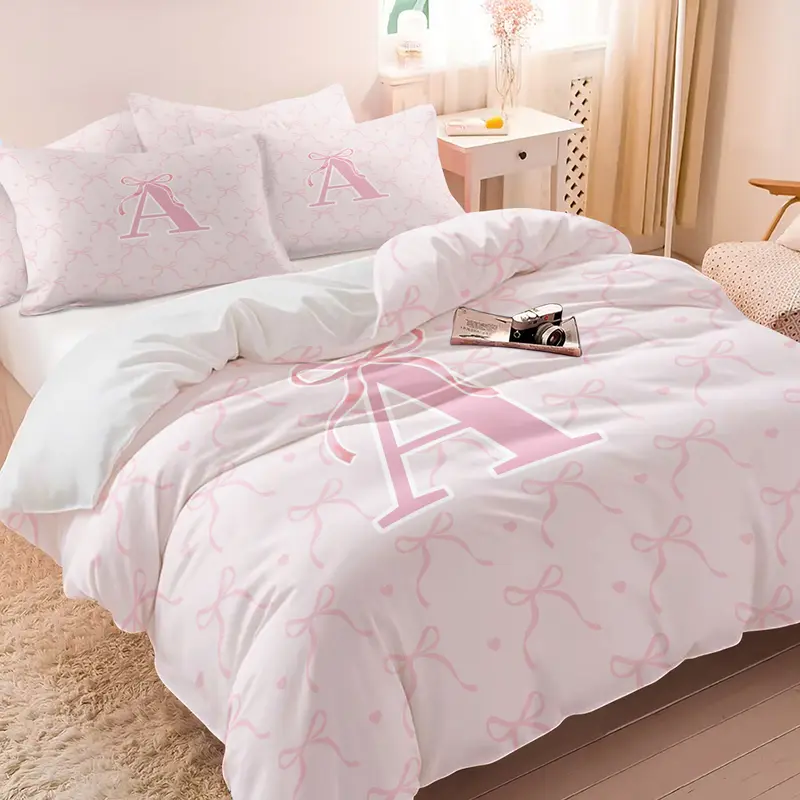 Pink Bow Print Bedding Set, Fashion A-Z Letter Print Design, Includes 1 Duvet Cover and 1/2 Pillowcase, No filling/Zipper Closure, Perfect Creative Bedroom Decoration Kit for Girls, Full Size, Bedsheet Sets