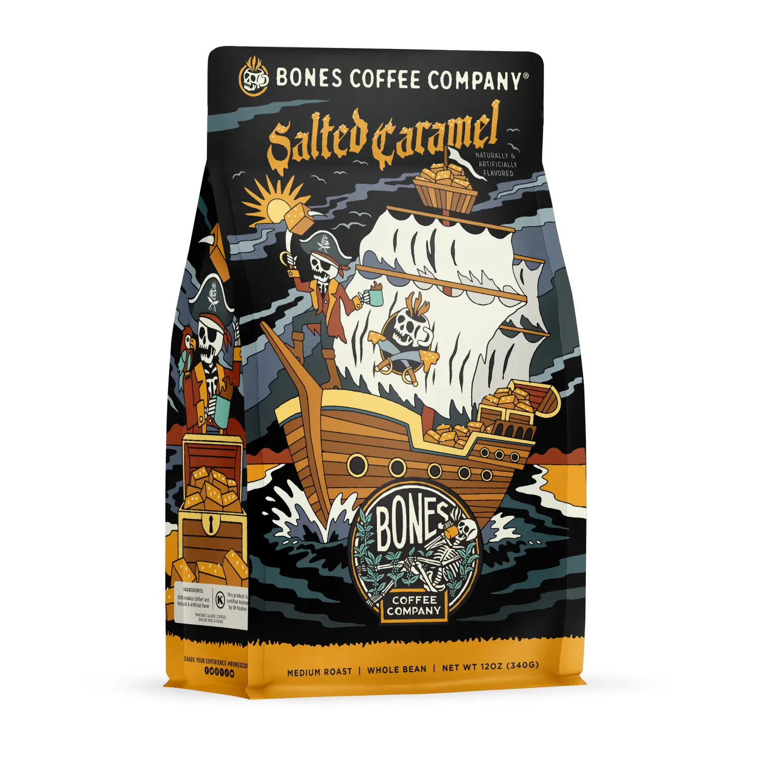 Bones Coffee Company Salted Caramel 12oz Coffee Blend Natural & Artificial Flavoring 100% Arabica Medium Roast Ground and Whole Bean