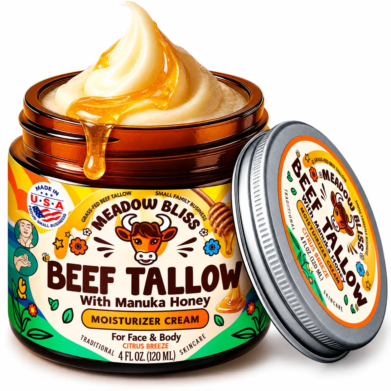 Meadow Bliss Beef Tallow Honey Moisturizer Cream - 100% Grass Fed & Finished USA Whipped Tallow - Organic Jojoba Oil & Shea Butter - Citrus Breeze Gentle Skin Repair Beauty Cream Aroma