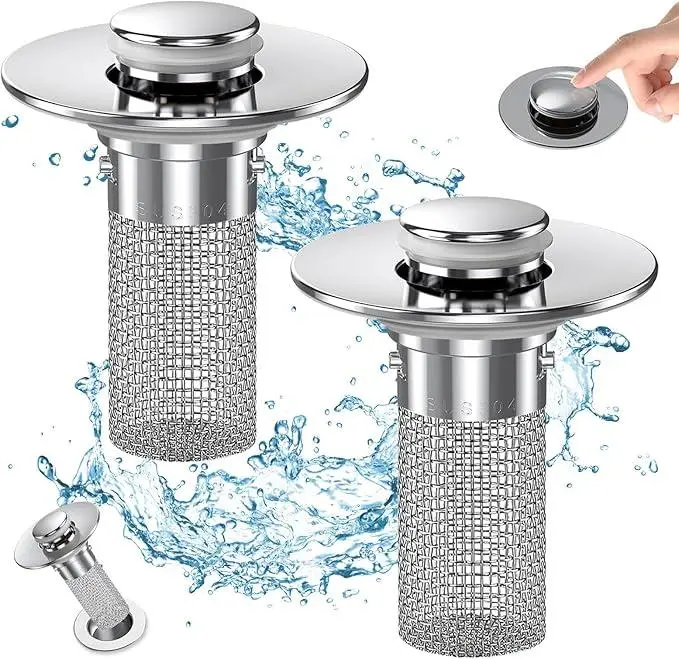summerwins Upgraded Stainless Steel Bathroom Sink Drain Strainer - Anti-Clogging Removable Brass Basket - 2-Piece Set Universal Fit for US Sinks & Bathtubs