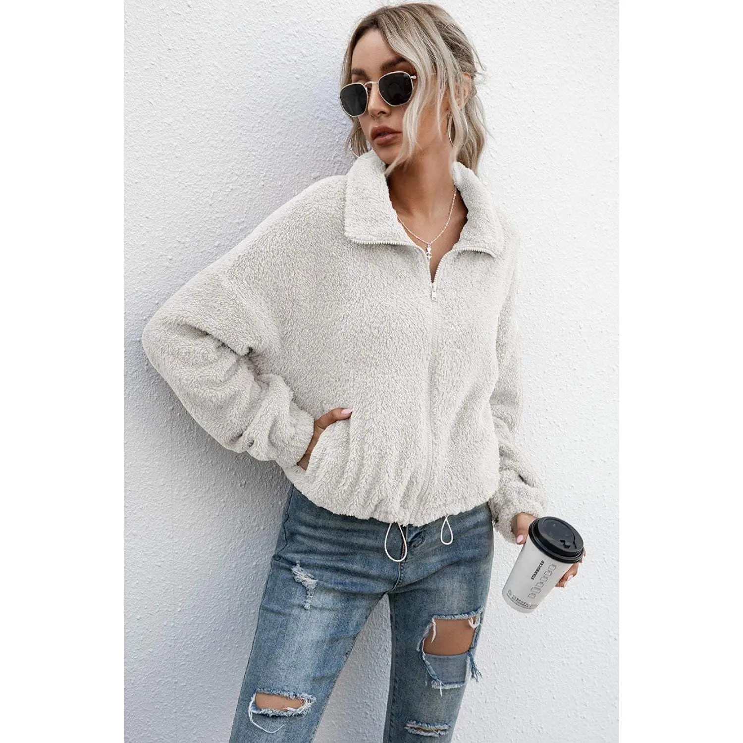Drawstring Hem Zip Up Teddy Jacket