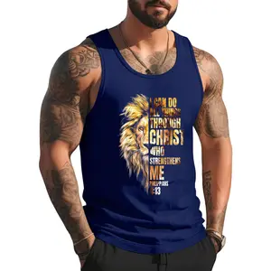Christian I Can Do All Things Through Christ Lion Faith Tank Top , Summer Gym Muscle Sleeveless, Casual Knitted Slim Fit Beach Tank top Fabric Menswear