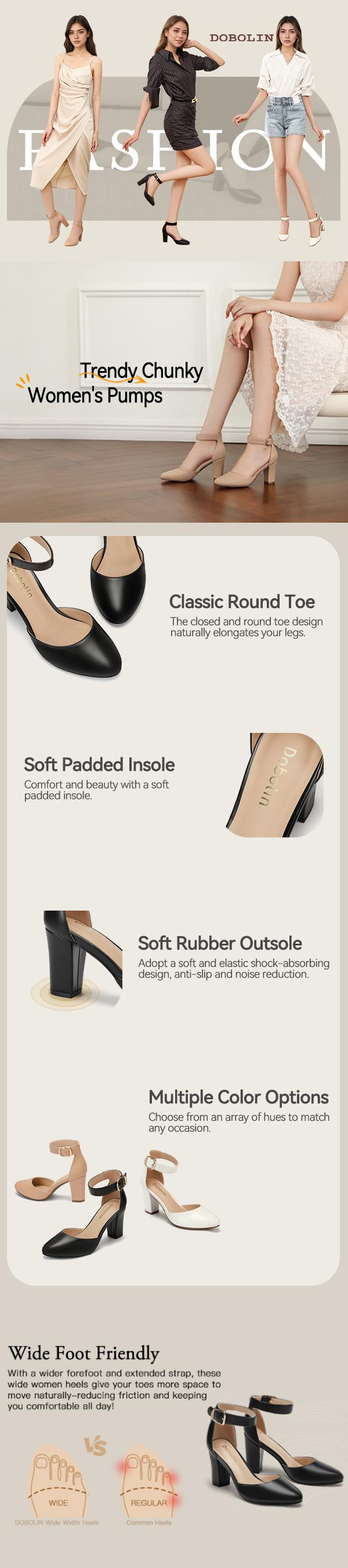 Women’s 3 Inch Wide Width Chunky Block Heel Pumps Closed Round Toe Ankle Strap Comfortable Dress Shoes for Bridesmaid Wedding Prom Party