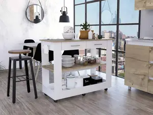 HomeRoots 474097 Kitchen Island with Drawer Shelves & Casters, Light Oak & White