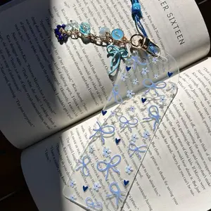 Blue Bow Hearts Clear Acrylic Bookmark Coquette Ice Prince Fantasy Bookmark with Tassel for Book Lovers