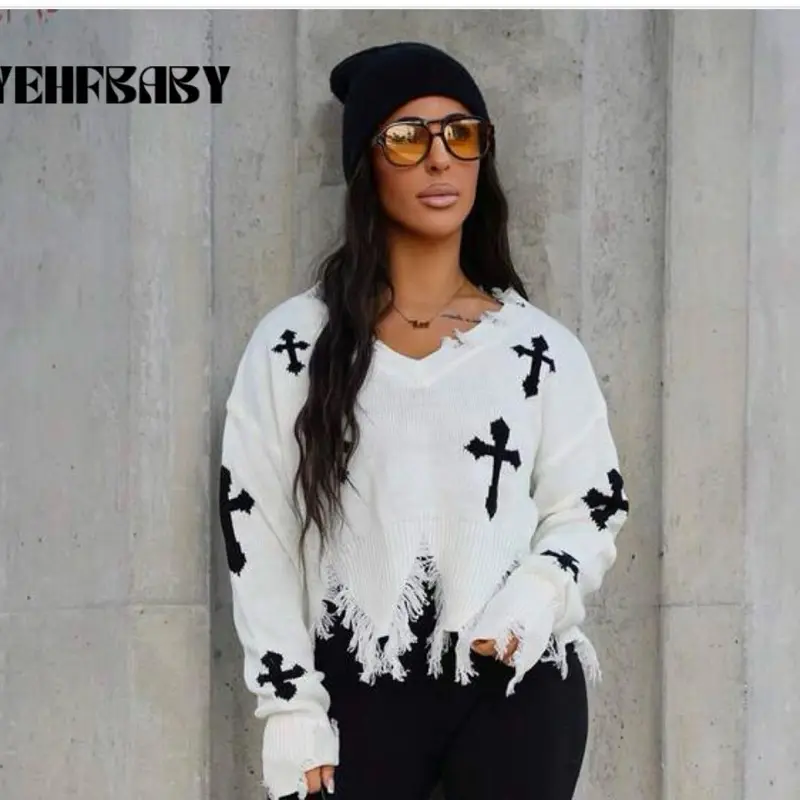 SHEIN Women's  Long Sleeve White Distressed V-Neck Knit Pullover with Black Cross Motifs, Twist Detail, Casual Lightweight Vibe for Matching Bottoms