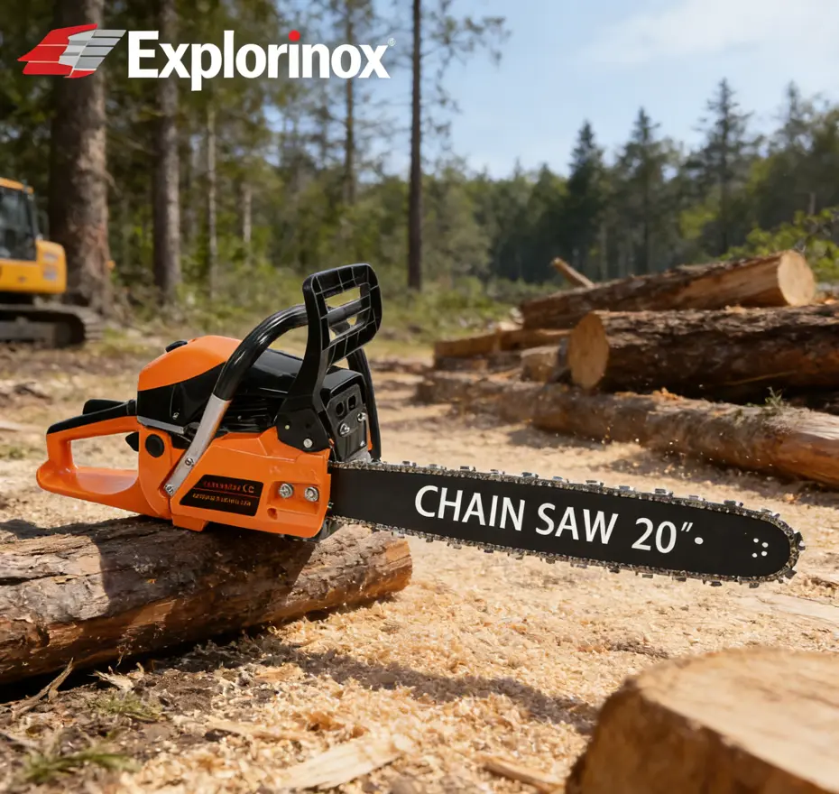 Explorinox 58cc 20-in Gas Chainsaw - 1 x Gas Chainsaw, 2200W High Power Metal Model, 1 x Guide Plate, Automatic Oiler, Ergonomic Design, High Efficiency, Durable, Comfortable Control for Tree Cutting, Lawn Maintenance
