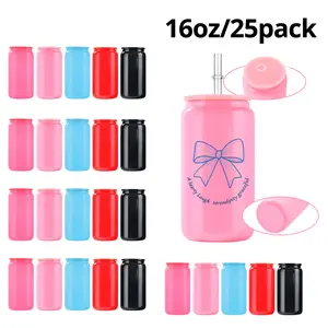 25pcs 16oz Sublimation Colored Glass Cups, with PP Lid, Plastic Straw, Reusable Drinks Beer Cans, Insulation Glass Cans , Suitable for Home and Office, Festive Gifts. Drinkware