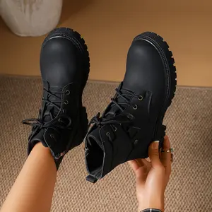 Women'S Chunky Platform Ankle Boots Round Toe Lace-Up PU Cover with Rubber Sole Mid-Heel Riding Boots for Casual & Formal Outfits Versatile Fashion Boots Durable Rubber Sole - Girl