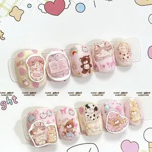 10pcs Cute Soft Girl Press on Nails, Hand-Painted Cartoon Characters, Short Square Pastel, Reusable Fake Nails for Women