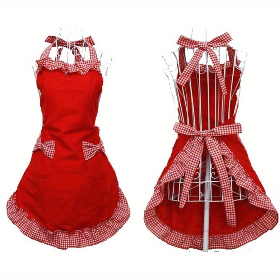 Vintage-Style Adjustable Apron with Red & White Checkered Bow Pocket, Durable Polyester, Perfect for Cooking, Baking & Easter Kitchen Wear, Baking Attire | Vintage Apron | Durable Apron