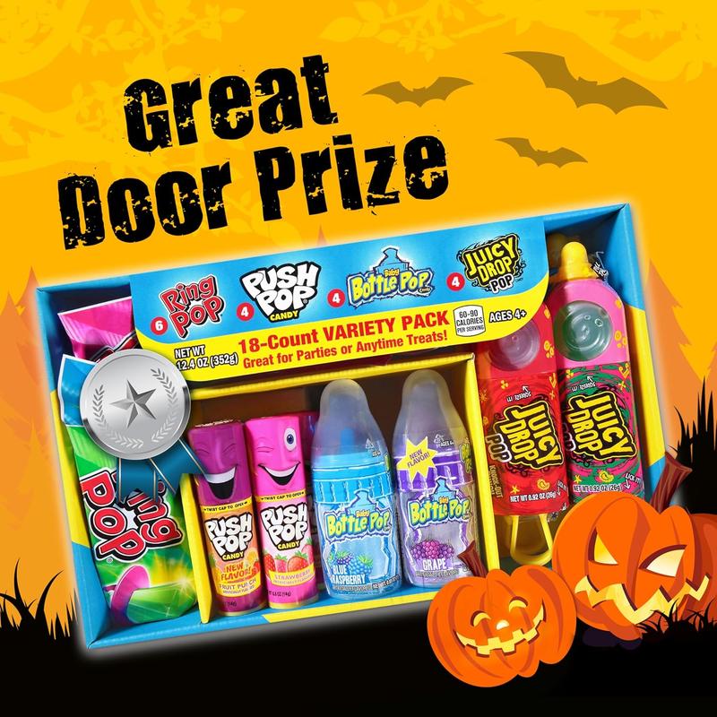 Halloween Candy Variety Pack, 18Ct Assorted Lollipops, Bulk Individually Wrapped Ring Pop, Push Pop, Baby Bottle Pop & Juicy Drop, Birthday Party Favors, Trick or Treat, Halloween Bowls, Kids Gifts