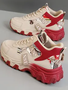 Women's Fashionable   Lace Up Platform, Trendy Walking Sneaker, Casual Comfortable Breathable Sports Shoes, Female All-match Round Toe Chunky Sneakers for Daily Life