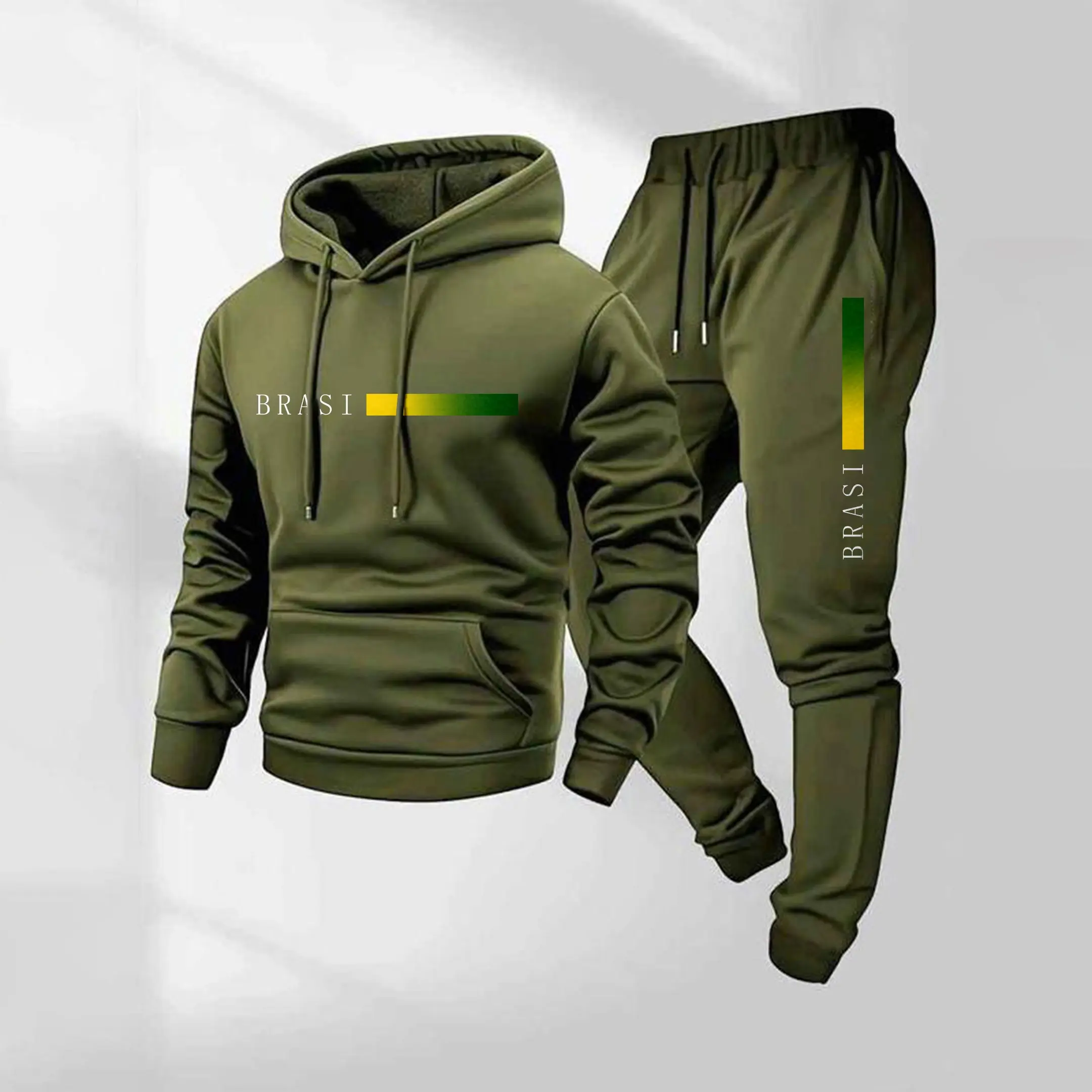 Men's Casual Polyester Tracksuit, 2-Piece Loose-Fit Hoodie & Sweatpants Set with Brazilian Letter Print, Tracksuits